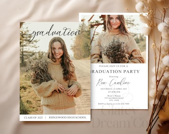 May include: A graduation party invitation set featuring a photo of a person in a beige cable-knit sweater holding dried flowers. The text reads graduation, Class of 2025, Ridgewood High School, Please join us for a graduation party, Rose Caroline, Saturday, 15 April 2025, at 2pm-5pm, Rose's House, 123 anywhere street, city, state, RSVP to Emily at (123) 456-7890.