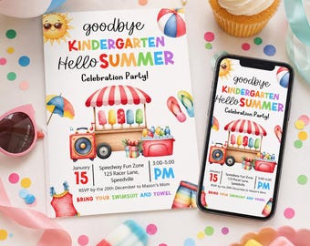 Può includere: Un invito stampato e uno smartphone che mostra un volantino per una festa Goodbye Kindergarten Hello Summer. Il design presenta un carretto dei gelati colorato, ghiaccioli e i dettagli della festa per il 15 gennaio al Speedway Fun Zone.
