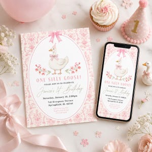 a birthday party setup with a pink invitation card, a pink birthday cake, a pink balloon, and a pink smartphone displaying an invitation.