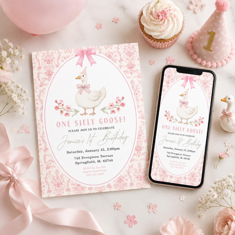 a birthday party setup with a pink invitation card, a pink birthday cake, a pink balloon, and a pink smartphone displaying an invitation.