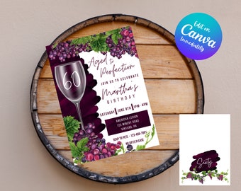Op de afbeelding: Een printbare uitnodiging voor een 60e verjaardagsfeest met een wijn-thema. De uitnodiging toont een glas wijn, druiven en de tekst "Aged to Perfection" en "Martha's Birthday".