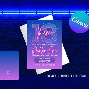 Editable NEON Girl 13th Birthday Party Invitation
