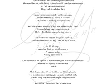 Könnte beinhalten: Ein Gedicht über die Farben des Jahres, geschrieben in fließender Schrift. Das Gedicht beschreibt die Gefühle und Erfahrungen des Autors im Laufe des Jahres und verwendet Farben, um verschiedene Emotionen und Ereignisse darzustellen.