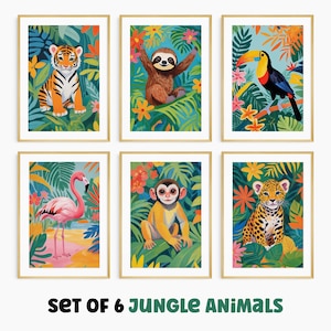 Conjunto imprimible de 6 pósteres de animales de la selva para pared, galería de arte para habitación infantil, impresión de animales de la selva tropical, animales de la selva juguetones
