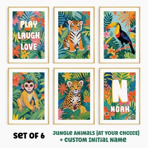 Juego de 6 piezas de arte mural para habitación infantil con animales de la selva. Nombre e inicial personalizados. Elige tus animales. Animales de la selva tropical.