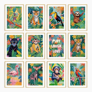 12 set jungledieren kinderkamer kunstgalerie | Digitale downloadposter, kinderkamerdieren tropisch regenwoud, speels dierenkunstwerk