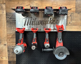Supporto per batteria e utensili Milwaukee M18 / Organizzatore da parete in acciaio calibro 14 / Scaffale portaoggetti per garage resistente / Porta utensili elettrici / Officina