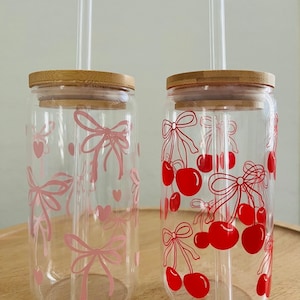 Red Cherry Bows Glass Cup | Pink Bows w Hearts Glass Cup | Valentine’s day Gifts | Trendy Coquette Cup | Iced Coffee Glass | Glass Tumbler