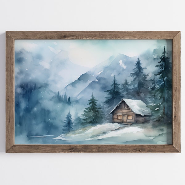 Cozy Retreat: Watercolor Snowy Mountain Cabin - Printable Art for Winter Decor - Instant Download #WinterCabinArt #MountainPrint