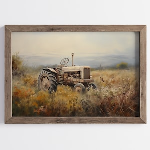 Vintage Traktor im Wildblumenfeld Printable - Traditionelles Ölgemälde - Instant Download