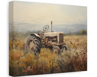 May include: A vintage white tractor sits in a field of long grass. The tractor is rusty and weathered, with a large tyre in the foreground. The background is a hazy, blue sky.