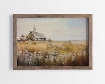 Rustic Church in Wildflower Field Printable - Traditional Oil Painting - Light Gray & Beige Country Decor - Instant Download