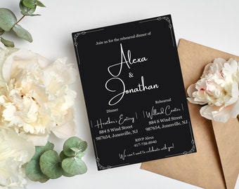 Digital rehearsal dinner invitation, classy black and white printable party invite, electronic dinner invitation, canva template