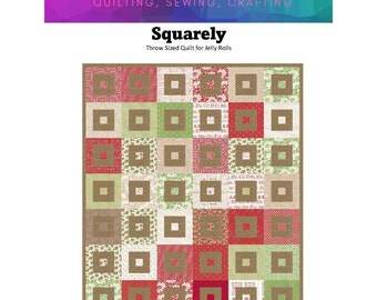 May include: A quilt pattern called "Squarely" for a throw-sized quilt using jelly rolls. The quilt is made with red, green, brown, and white fabric. The pattern is beginner-friendly.