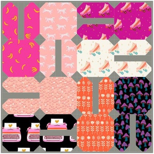 Könnte beinhalten: Ein Patchwork-Deckenstück mit verschiedenen bunten Mustern, darunter Bananen, Leoparden, Rollschuhe, Blumen, Pilze und Schreibmaschinen.