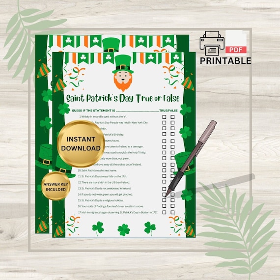 St. Patrick's Day True or False Trivia PDF Download - Quiz - Trivia Quiz Party - Game - Activity for Kids