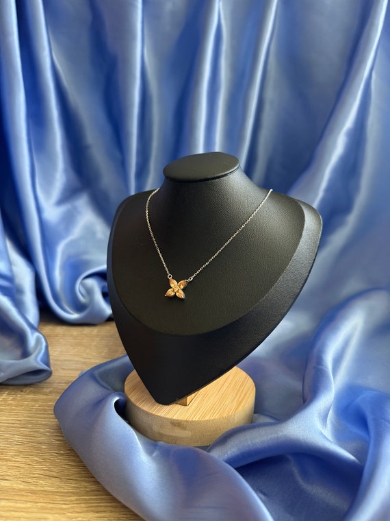 Silver Crystal Flower Necklace, Orange Gemstone N… - image 3