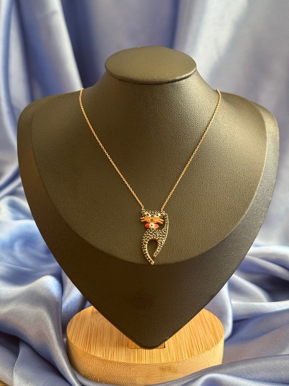 Silver Vintage Cat Necklace, Sparkling Cat Pendan… - image 1