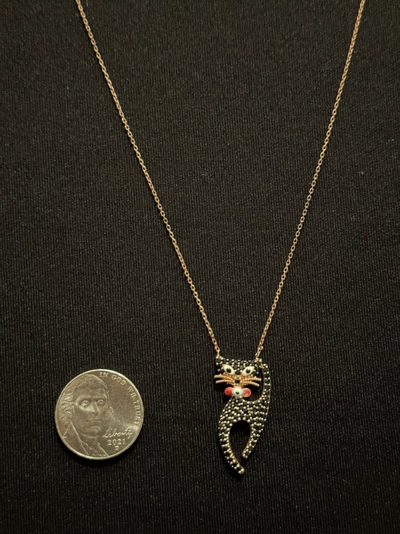 Silver Vintage Cat Necklace, Sparkling Cat Pendan… - image 3