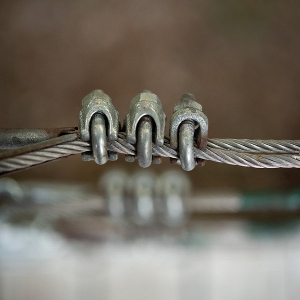 Clasps and Clamps on Fence Cable, Black and White Photo, Fine Art Photography, Macro, Micro