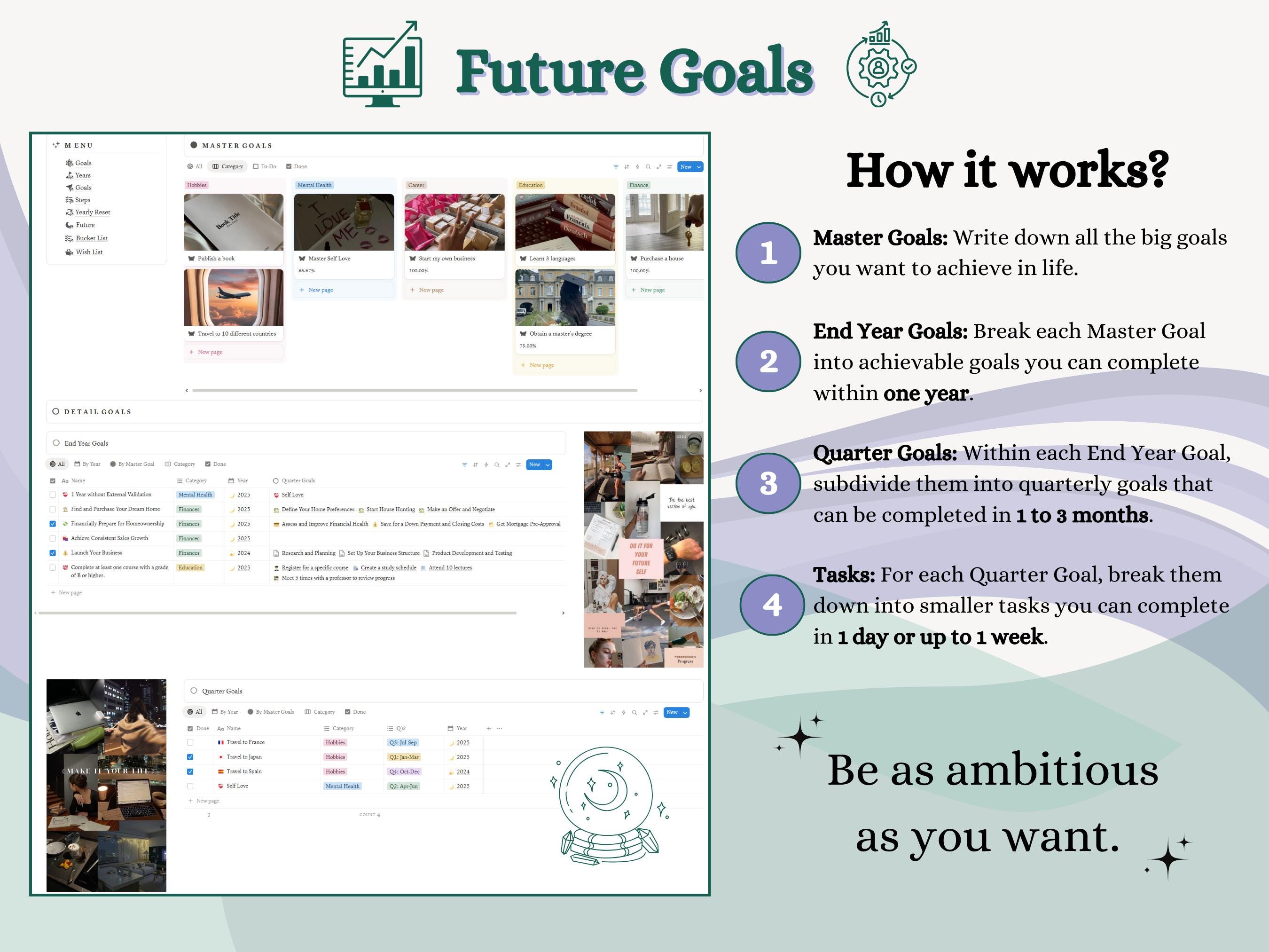 Goals Notion Template Goal Planner Quarter Goals Steps Review Wish List ...