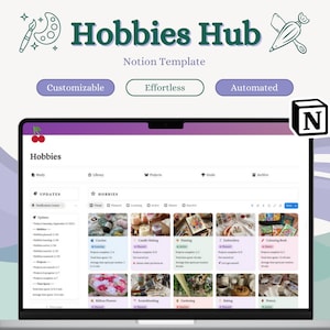 Puede incluir: Una pantalla de portátil muestra una plantilla de Notion titulada "Hobbies Hub". La interfaz muestra un panel con secciones para varios pasatiempos, incluyendo ganchillo, fabricación de velas y pintura. El diseño incorpora colores pastel e iconos.