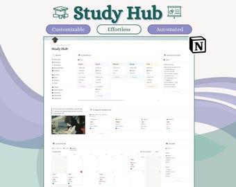 Puede incluir: Una captura de pantalla de un sitio web llamado "Study Hub" con una interfaz personalizable, sin esfuerzo y automatizada. El sitio web presenta un menú, un horario, proyectos actuales, un calendario y tareas. El sitio web está integrado con Notion.
