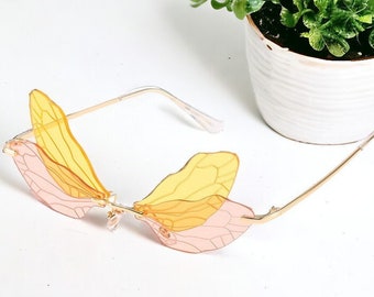 Yellow and Pink Dragon Fly Sunglasses, Butterfly Fly Sunglasses, Fairy Wing Shades, Butterfly Shades. Sunglasses for her, Cosplay Costume