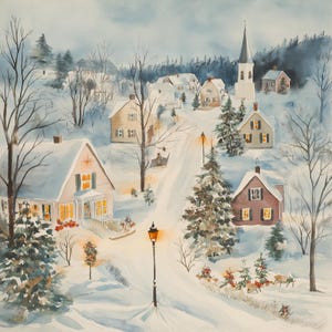Small Town kerstaquarel 10 x 10 digitale download voor kerstkaart of inlijsten