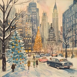 Acuarela navideña de la ciudad de Nueva York, 10 x 10, descarga digital para tarjeta navideña o marco