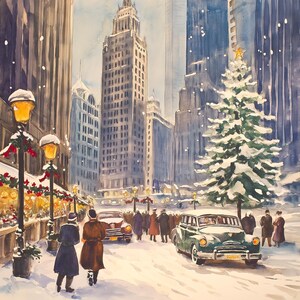 Chicago Christmas Watercolor 10x10 Download digitale per biglietti di Natale o cornici