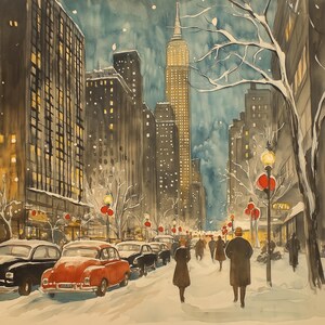Acuarela navideña de la ciudad de Nueva York, 10 x 10, descarga digital para tarjeta navideña o marco