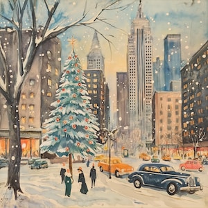 Acuarela navideña de la ciudad de Nueva York, 10 x 10, descarga digital para tarjeta navideña o marco