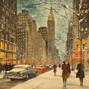 Acuarela navideña de la ciudad de Nueva York, 10 x 10, descarga digital para tarjeta navideña o marco