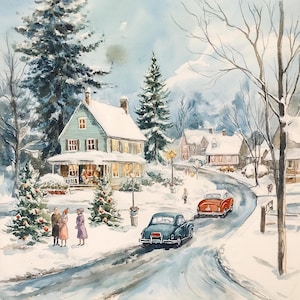 Small Town kerstaquarel 10 x 10 digitale download voor kerstkaart of inlijsten