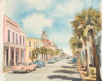 May include: A watercolor painting of a street scene with pastel-colored buildings, palm trees, and vintage cars. The buildings are lined up on either side of the street, and the palm trees are in the foreground. The cars are parked on the side of the street.