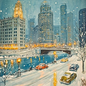 Chicago Christmas Watercolor 10x10 Download digitale per biglietti di Natale o cornici