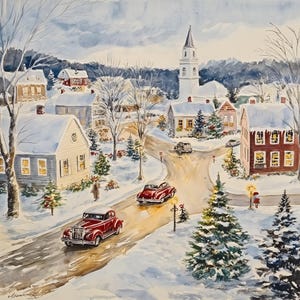 Small Town kerstaquarel 10 x 10 digitale download voor kerstkaart of inlijsten
