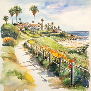 Könnte beinhalten: Ein Aquarellbild einer Küstenszene mit einem Weg, der zu einem Strand führt. Der Weg ist mit einem Holzzaun gesäumt und im Hintergrund befinden sich Häuser und Palmen.