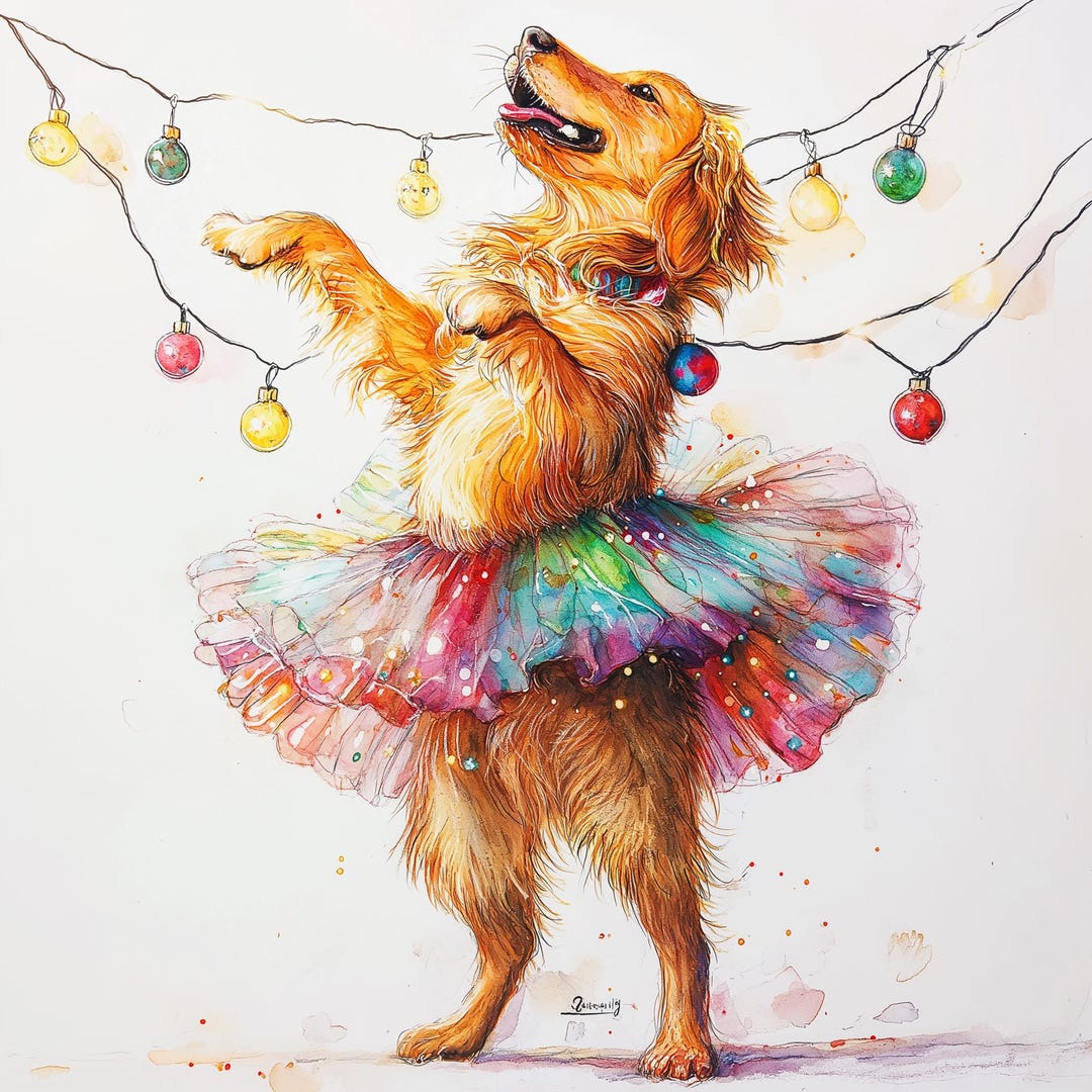 Christmas Golden Retriever in Lights Watercolor 10x10 Digital Download ...