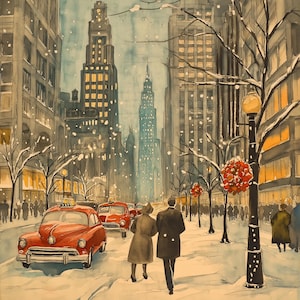 Acuarela navideña de la ciudad de Nueva York, 10 x 10, descarga digital para tarjeta navideña o marco