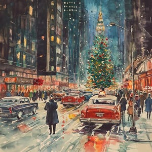 Acuarela navideña de la ciudad de Nueva York, 10 x 10, descarga digital para tarjeta navideña o marco
