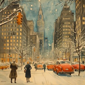 Acuarela navideña de la ciudad de Nueva York, 10 x 10, descarga digital para tarjeta navideña o marco