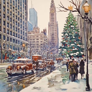 Chicago Christmas Watercolor 10x10 Download digital para cartão de Natal ou moldura