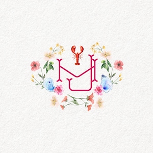 May include: A watercolor illustration of a floral wreath with a red lobster and a pink monogram "MH".