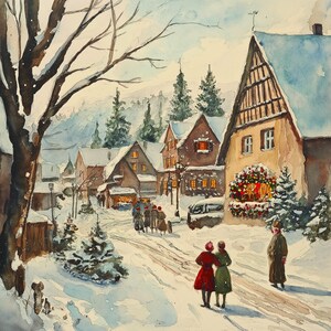 May include: Watercolor painting of a snow-covered village scene. Buildings with snow-covered roofs and lit windows line a snowy street. Figures in winter coats walk along the road. A large tree is in the foreground.