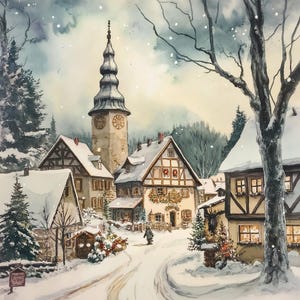 May include: A watercolor painting of a snowy village scene with a tall church steeple in the background. The houses are decorated with Christmas lights and there is a tree in the foreground. The painting is done in a traditional style and has a warm, inviting feel.