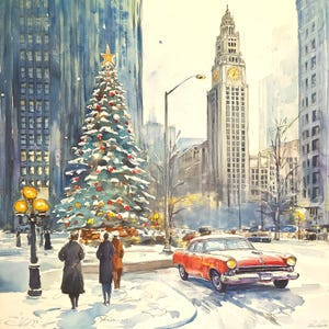 Chicago Christmas Watercolor 10x10 Download digitale per biglietti di Natale o cornici