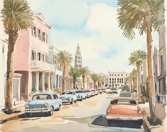 May include: Watercolor painting of a street scene with vintage cars parked along the road. Buildings are painted in pastel colors, with palm trees lining the street. A church steeple is visible in the distance.