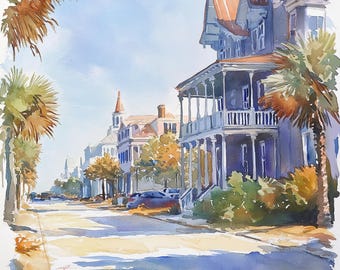 May include: A watercolor painting of a street scene with colorful houses and palm trees. The houses are painted in shades of blue, white, and green, and the palm trees are a vibrant green. The street is paved with cobblestones and there is a sense of peace and tranquility in the scene.